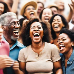 A lively and joyful scene of a crowd of people laughing together