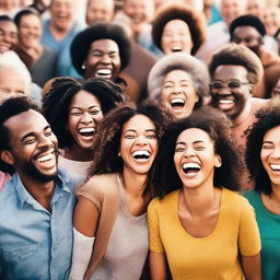 A lively and joyful scene of a crowd of people laughing together