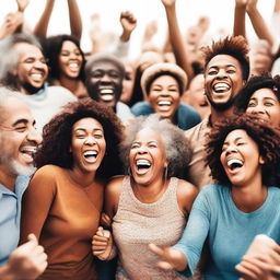 A lively and joyful scene of a crowd of people laughing together