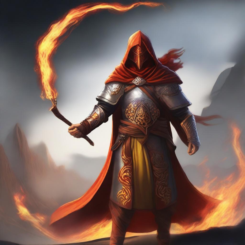 Create an image of a Fire Genasi cleric wielding a bow