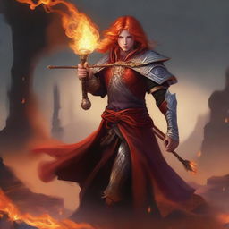 Create an image of a Fire Genasi cleric wielding a bow