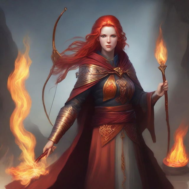 Create an image of a Fire Genasi cleric wielding a bow