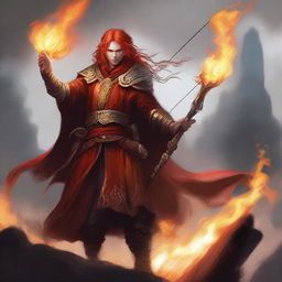 Create an image of a Fire Genasi cleric wielding a bow