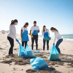 A group of people cleaning the beach, picking up trash and debris to help protect the environment