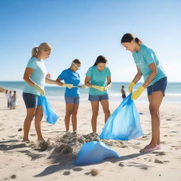 A group of people cleaning the beach, picking up trash and debris to help protect the environment