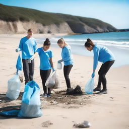 A group of people cleaning the beach, picking up trash and debris to help protect the environment