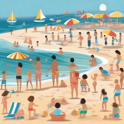 A vibrant and cheerful scene of people enjoying a day at the beach