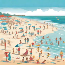 A vibrant and cheerful scene of people enjoying a day at the beach