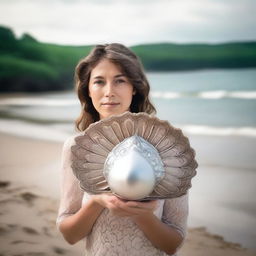 A woman with an open shell facing the camera