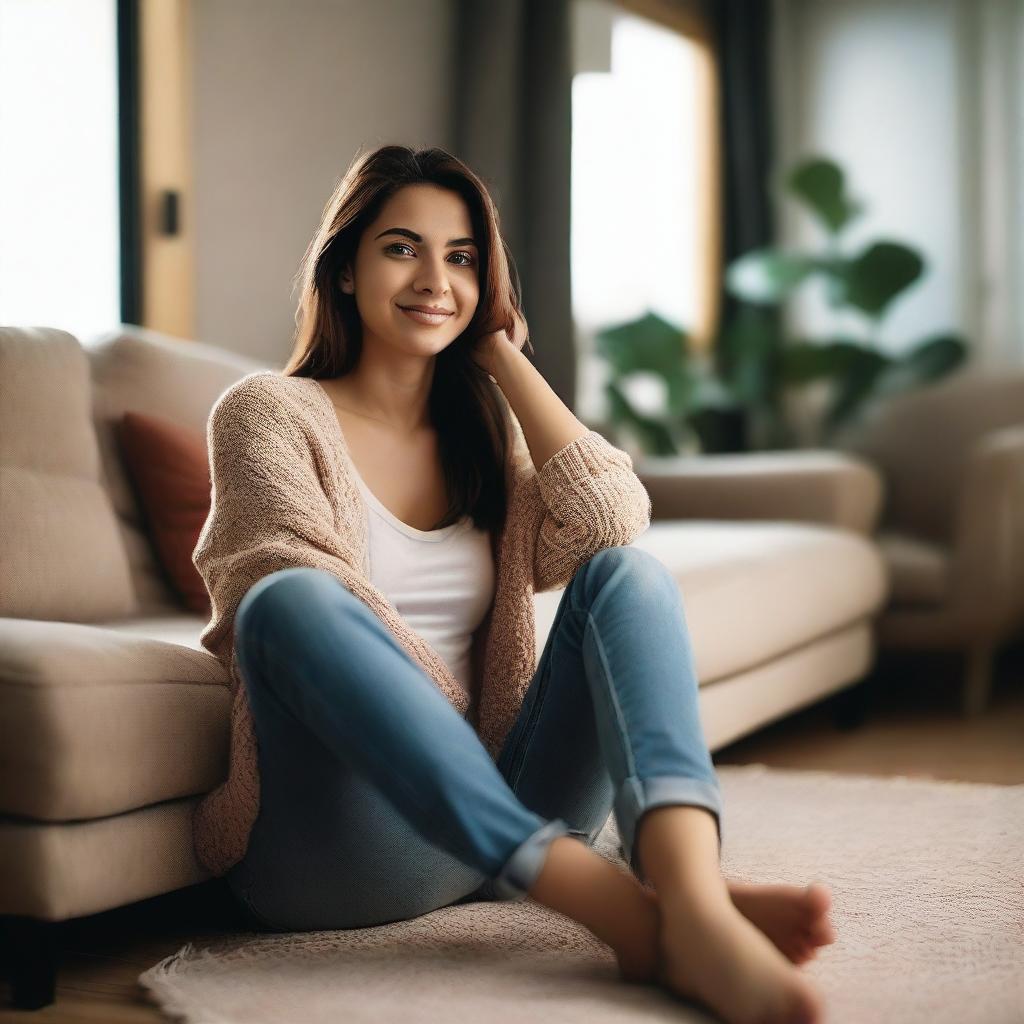 A woman sitting with her legs open towards the camera