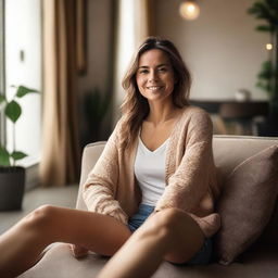 A woman sitting with her legs open towards the camera