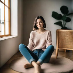 A woman sitting with her legs open towards the camera