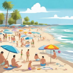 A vibrant and joyful beach scene with people of all ages enjoying themselves