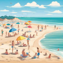 A vibrant and joyful beach scene with people of all ages enjoying themselves