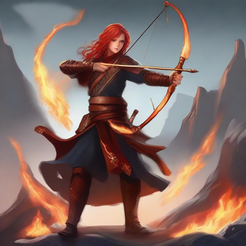 Create an image of a Fire Genasi cleric wielding a bow and arrows