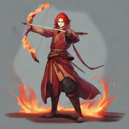 Create an image of a Fire Genasi cleric wielding a bow and arrows