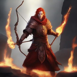 Create an image of a Fire Genasi cleric wielding a bow and arrows