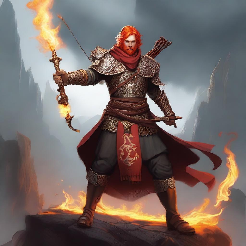 Create an image of a Fire Genasi cleric wielding a bow and arrows