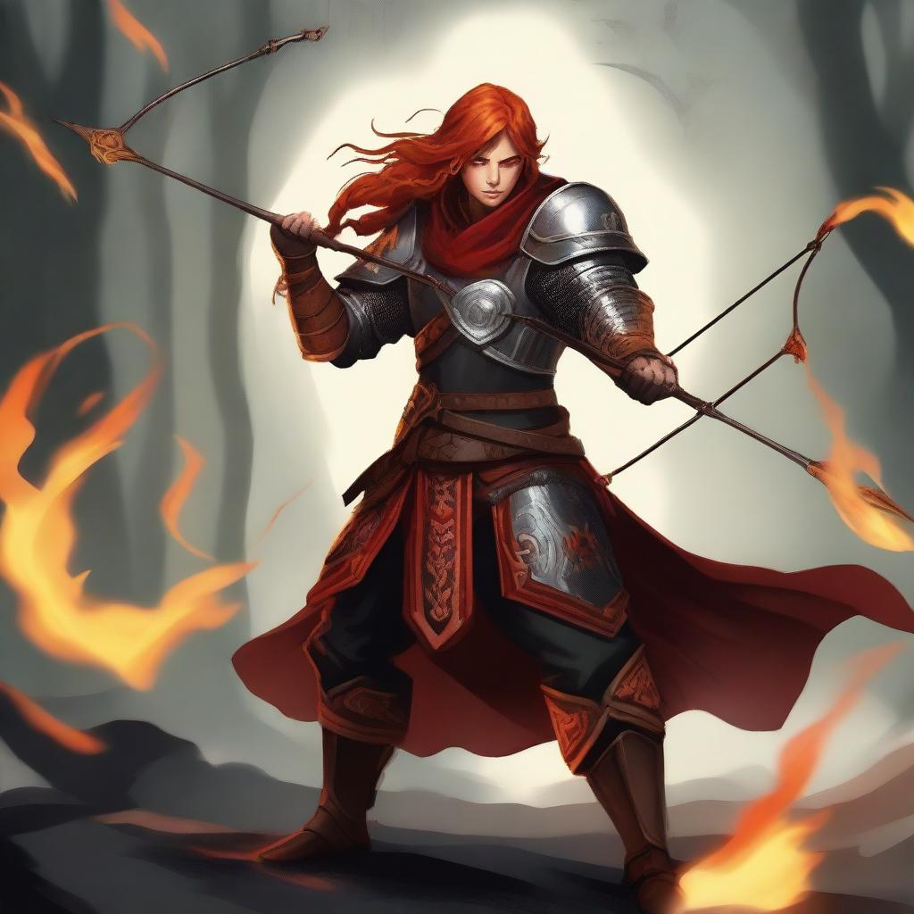 Create an image of a Fire Genasi warrior cleric wielding a bow and arrows