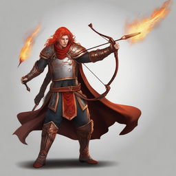 Create an image of a Fire Genasi warrior cleric wielding a bow and arrows