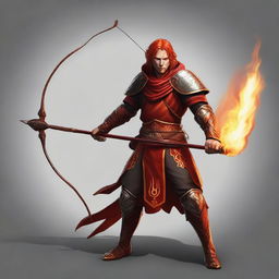 Create an image of a Fire Genasi warrior cleric wielding a bow and arrows