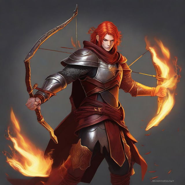 Create an image of a Fire Genasi warrior cleric wielding a bow and arrows