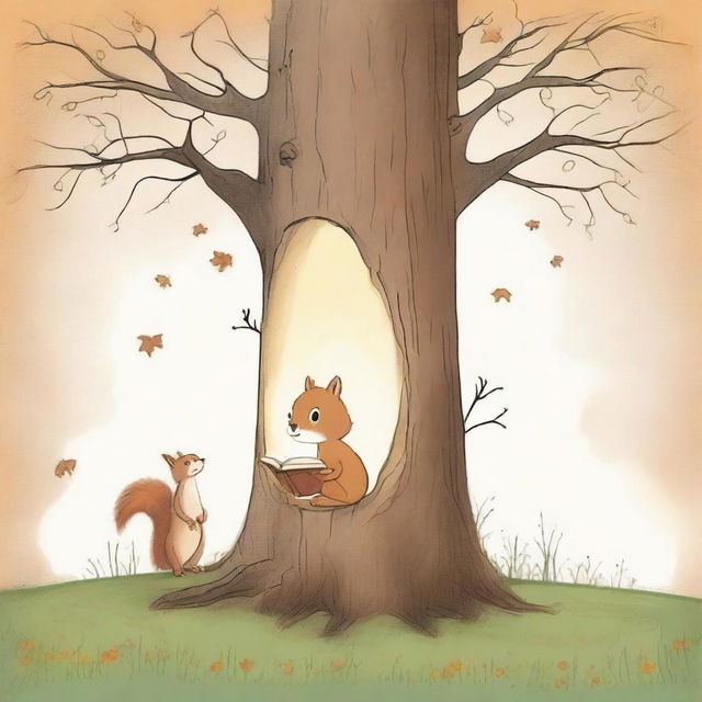 Create an image in the style of children's drawings depicting Alison and a squirrel standing in front of an ancient tree hollow that emits a soft glow