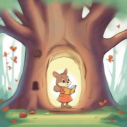 Create an image in the style of children's drawings depicting Alison and a squirrel standing in front of an ancient tree hollow that emits a soft glow