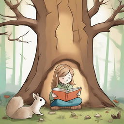 Create an image in the style of children's drawings depicting Alison and a squirrel standing in front of an ancient tree hollow that emits a soft glow