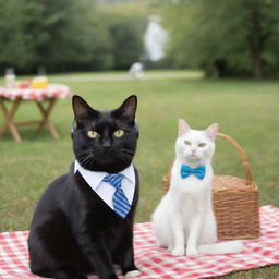 A disgruntled black cat, sporting headphones, hesitantly partaking in a picnic with a joyous white cat dressed in a dapper tie.