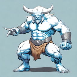 An albino Minotaur with long forward-pointing horns that have engravings all over them