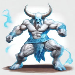 An albino Minotaur with long forward-pointing horns that have engravings all over them