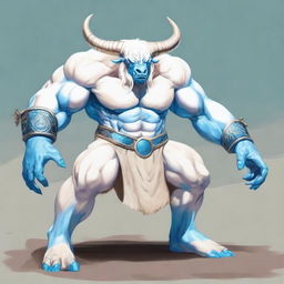 An albino Minotaur with long forward-pointing horns that have engravings all over them