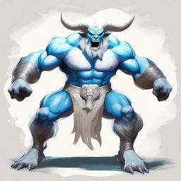 An albino Minotaur with long forward-pointing horns that have engravings all over them