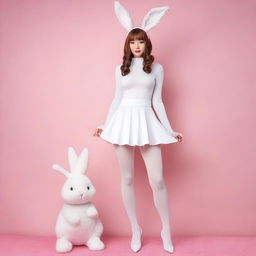 A woman wearing white tights and a bunny girl costume