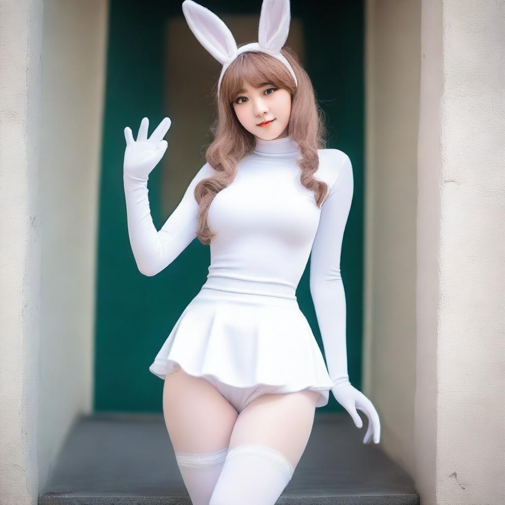 A woman wearing white tights and a bunny girl costume