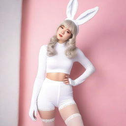 A woman wearing white tights and a bunny girl costume