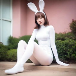 A woman wearing white tights and a bunny girl costume