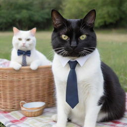 A disgruntled black cat, sporting headphones, hesitantly partaking in a picnic with a joyous white cat dressed in a dapper tie.