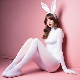 A sensual woman wearing white tights and a bunny girl costume