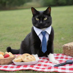 A disgruntled black cat, sporting headphones, hesitantly partaking in a picnic with a joyous white cat dressed in a dapper tie.