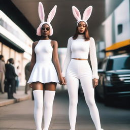 A sensual woman wearing white tights and a bunny girl costume standing next to a Black person