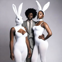 A sensual woman wearing white tights and a bunny girl costume standing next to a Black person