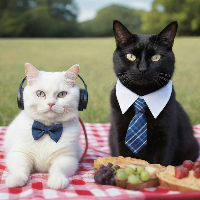 A disgruntled black cat, sporting headphones, hesitantly partaking in a picnic with a joyous white cat dressed in a dapper tie.