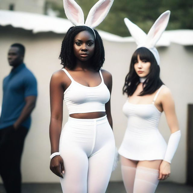 A sensual white woman wearing white tights and a bunny girl costume standing next to a Black person