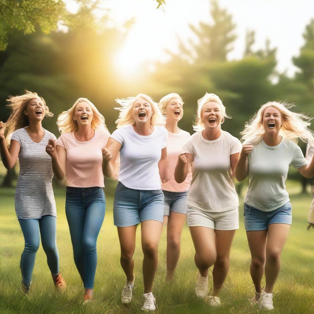 A lively and joyful scene featuring a group of white people with blonde hair, all cheering and laughing together