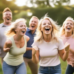 A lively and joyful scene featuring a group of white people with blonde hair, all cheering and laughing together