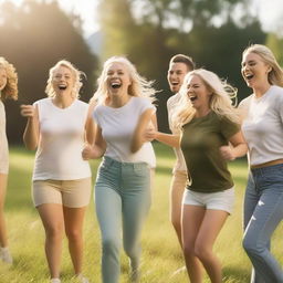 A lively and joyful scene featuring a group of white people with blonde hair, all cheering and laughing together