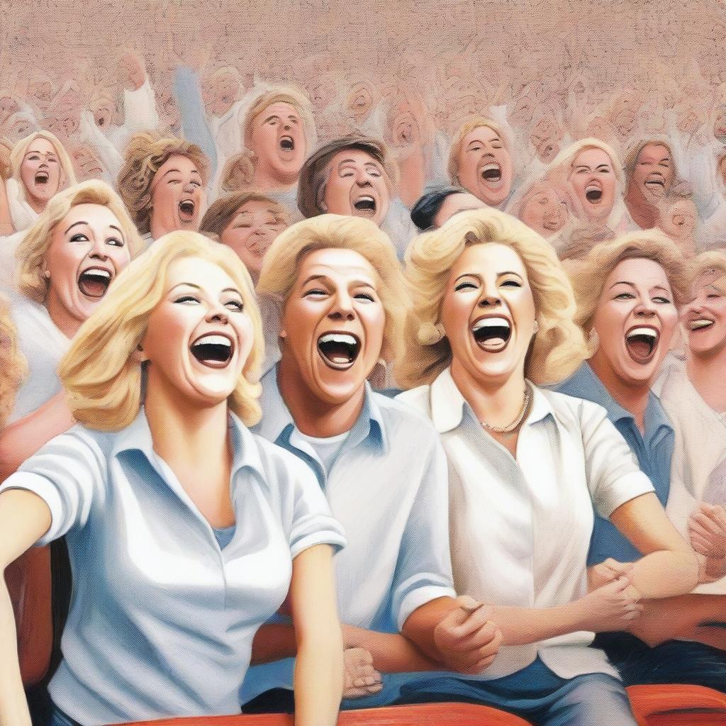 A group of white people with blonde hair are gathered in an ordinance, cheering and laughing