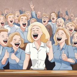 A group of white people with blonde hair are gathered in an ordinance, cheering and laughing